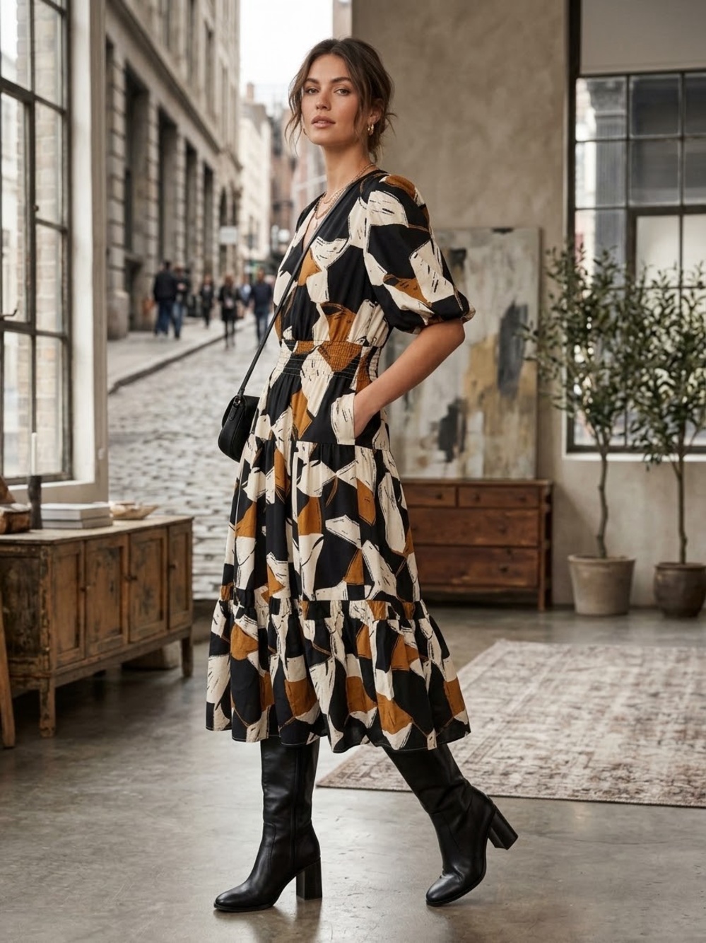 THML Puff Abstract Print Puff Sleeve Midi Dress- V-Neck & Smocked Waist S